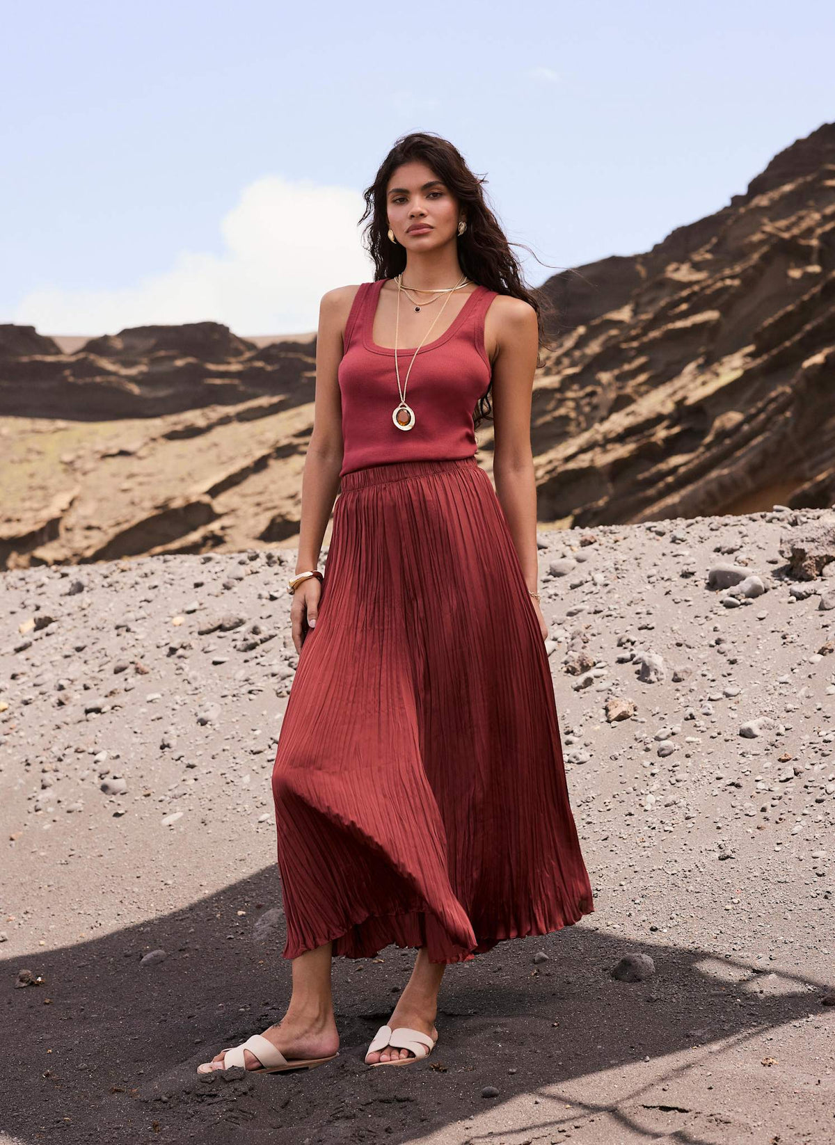 Red Crinkle Maxi Skirt
