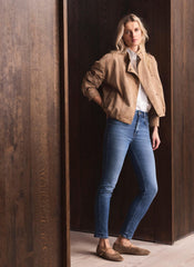 Neutral Suede Cropped Pilot Bomber Jacket
