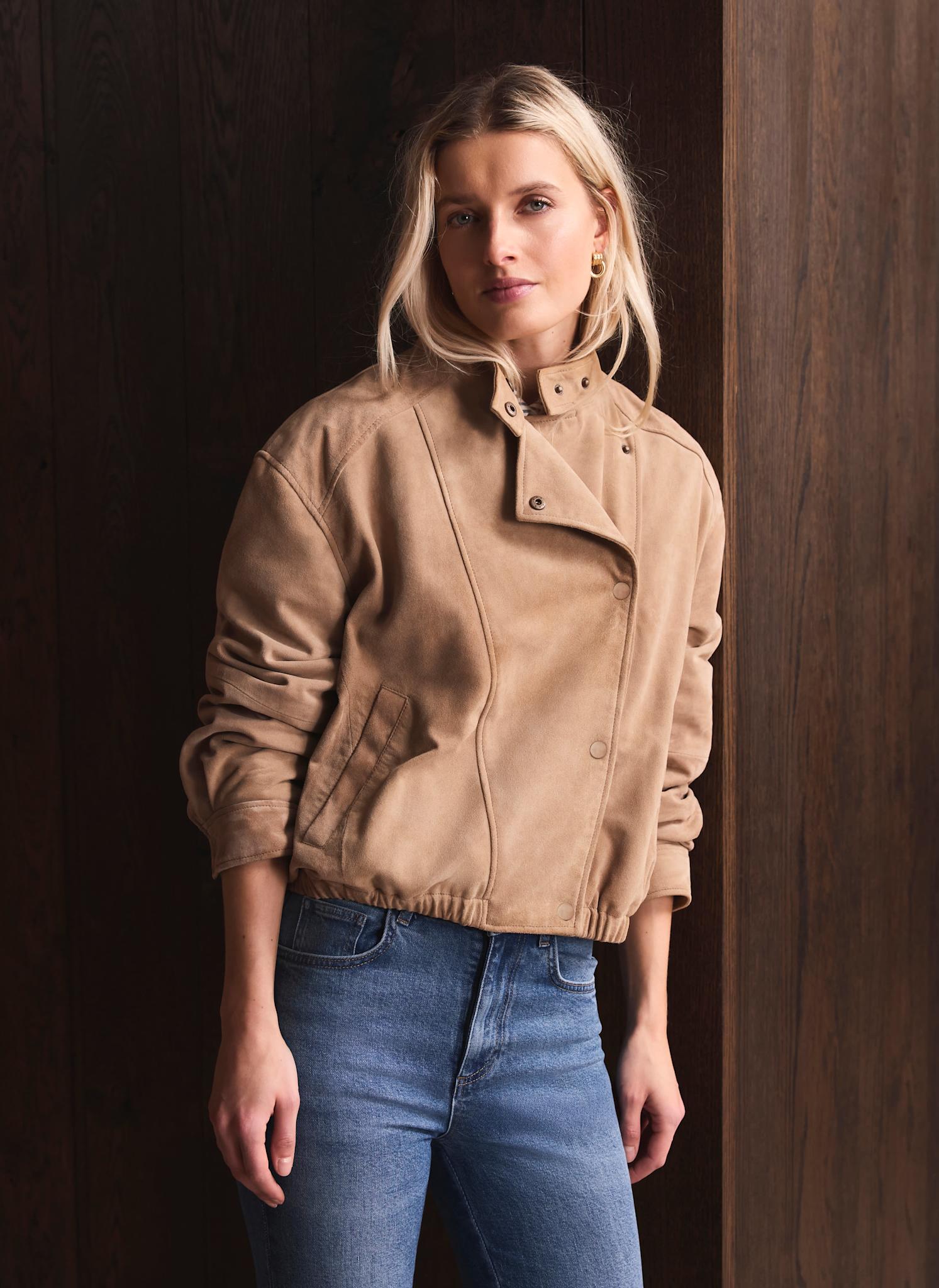 Neutral Suede Cropped Pilot Bomber Jacket