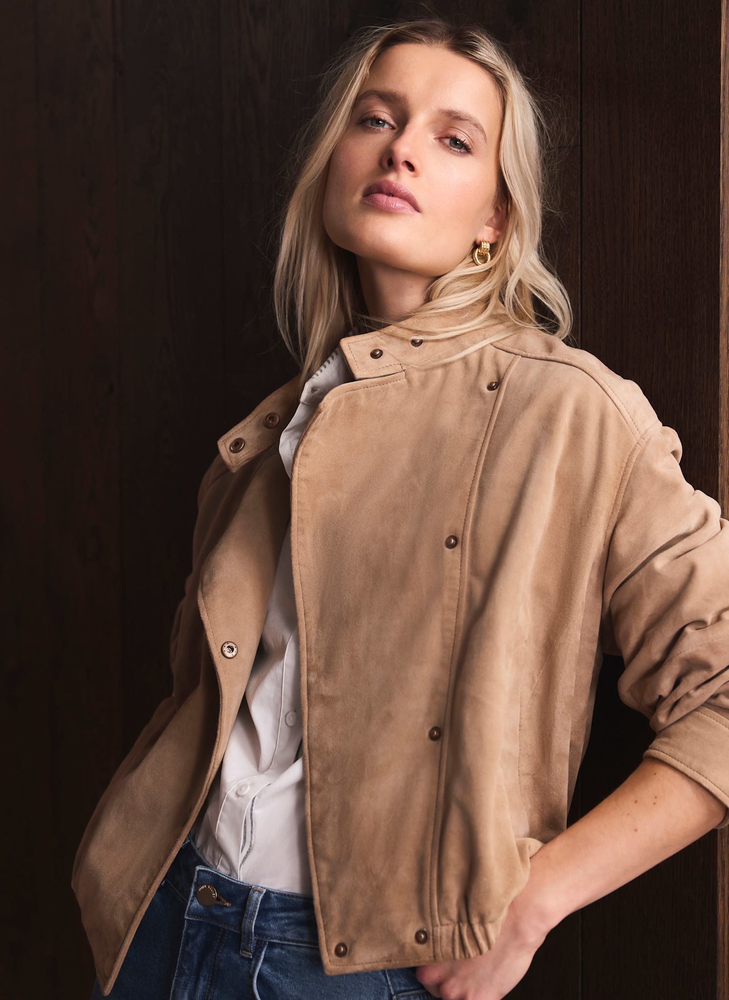 Neutral Suede Cropped Pilot Bomber Jacket