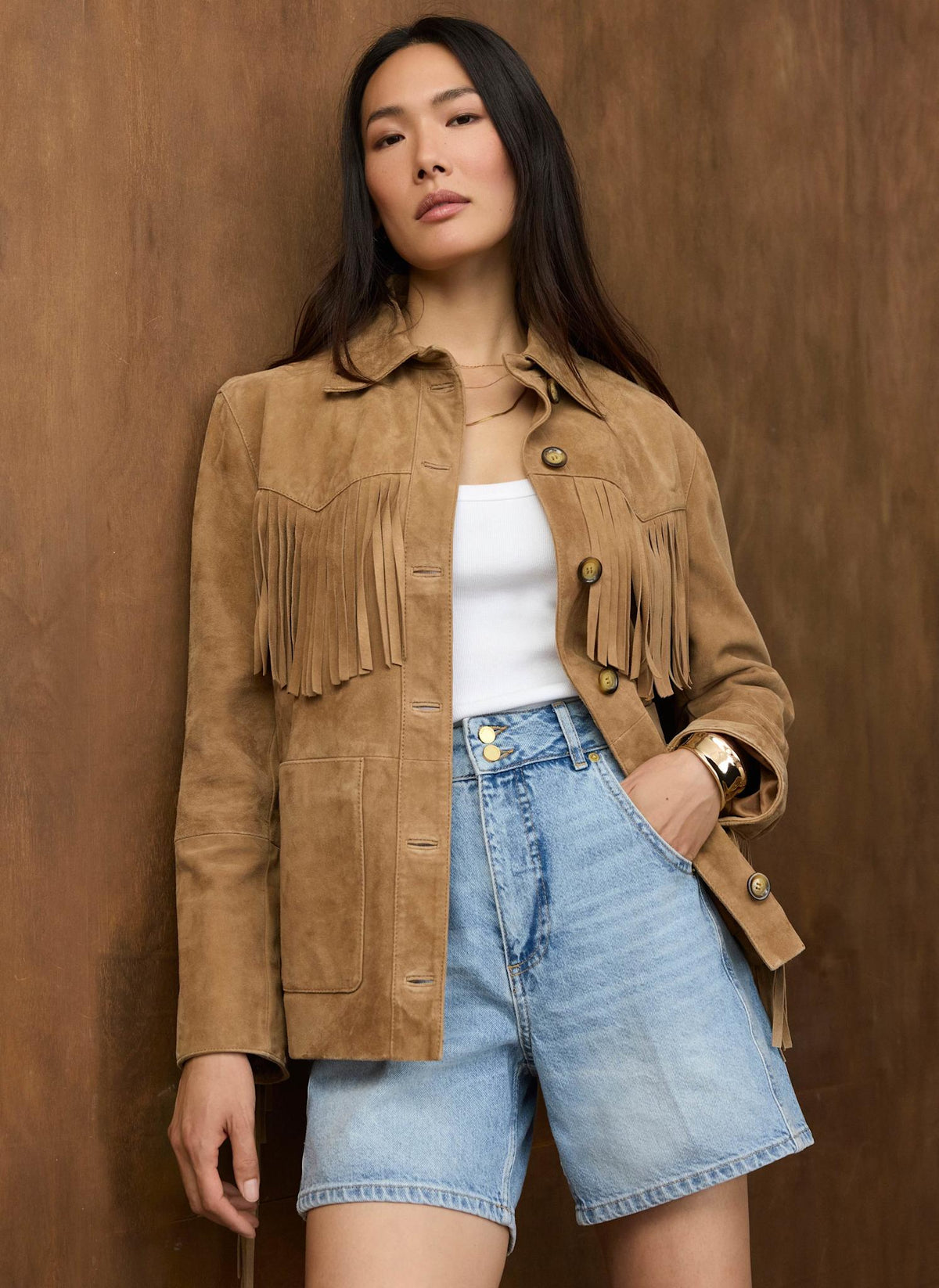 Neutral Suede Fringe Shacket