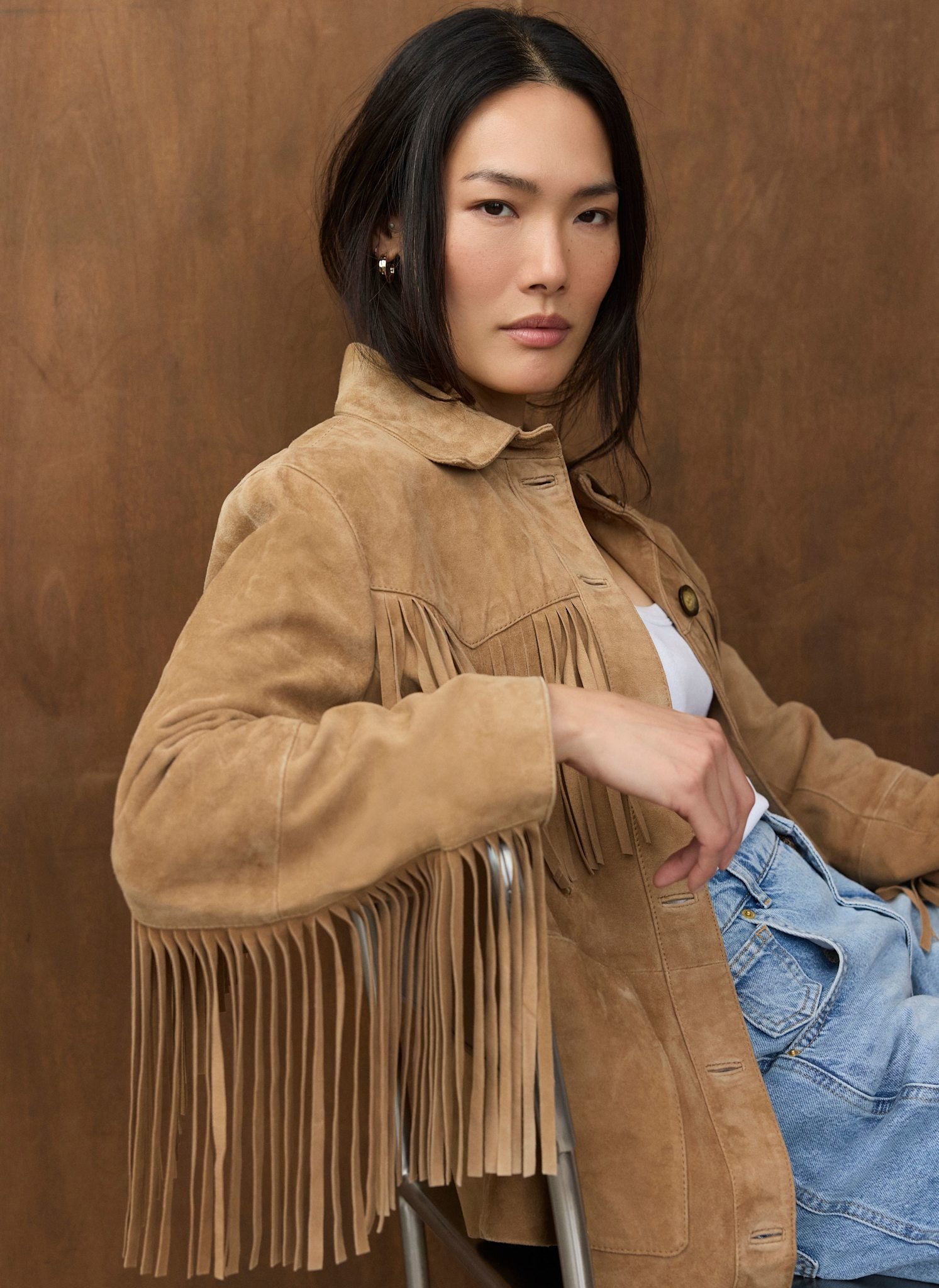 Neutral Suede Fringe Shacket