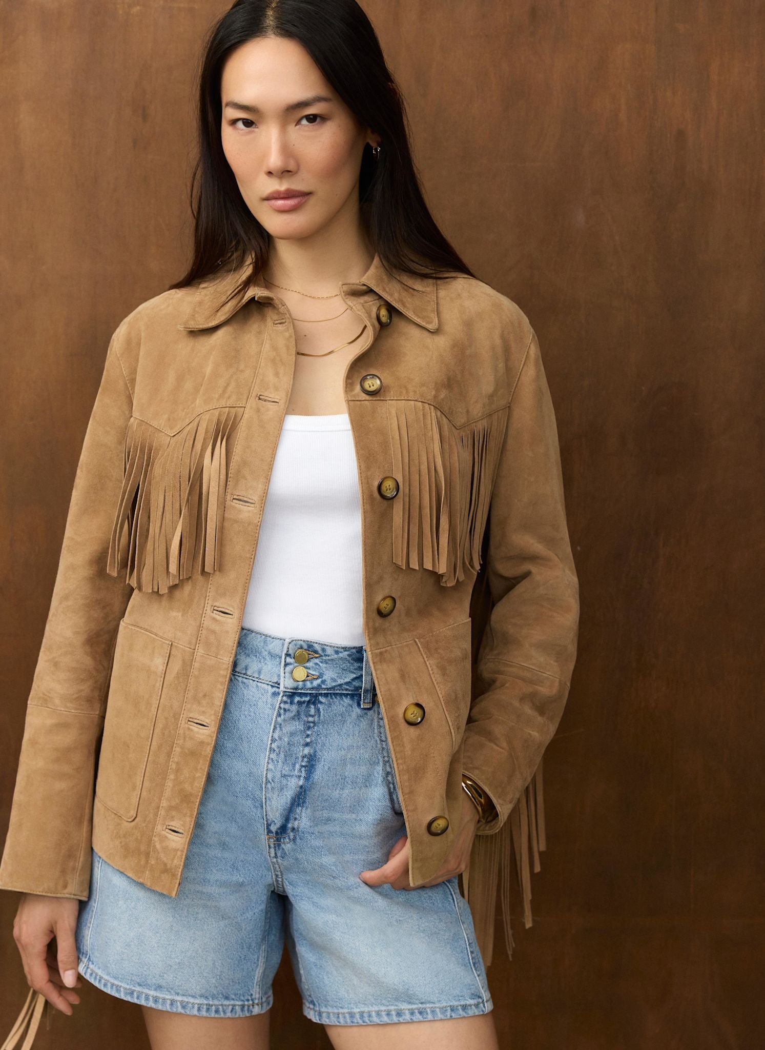 Neutral Suede Fringe Shacket