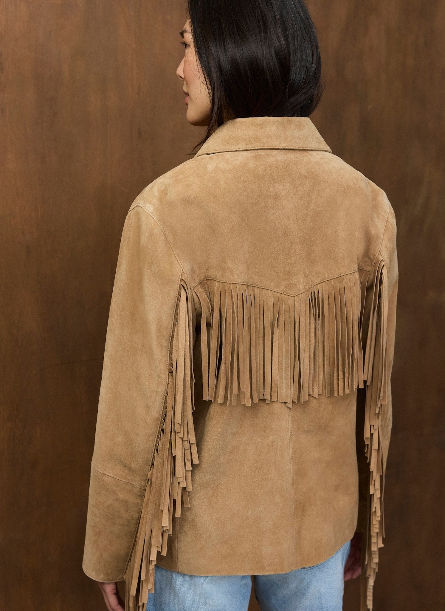Neutral Suede Fringe Shacket