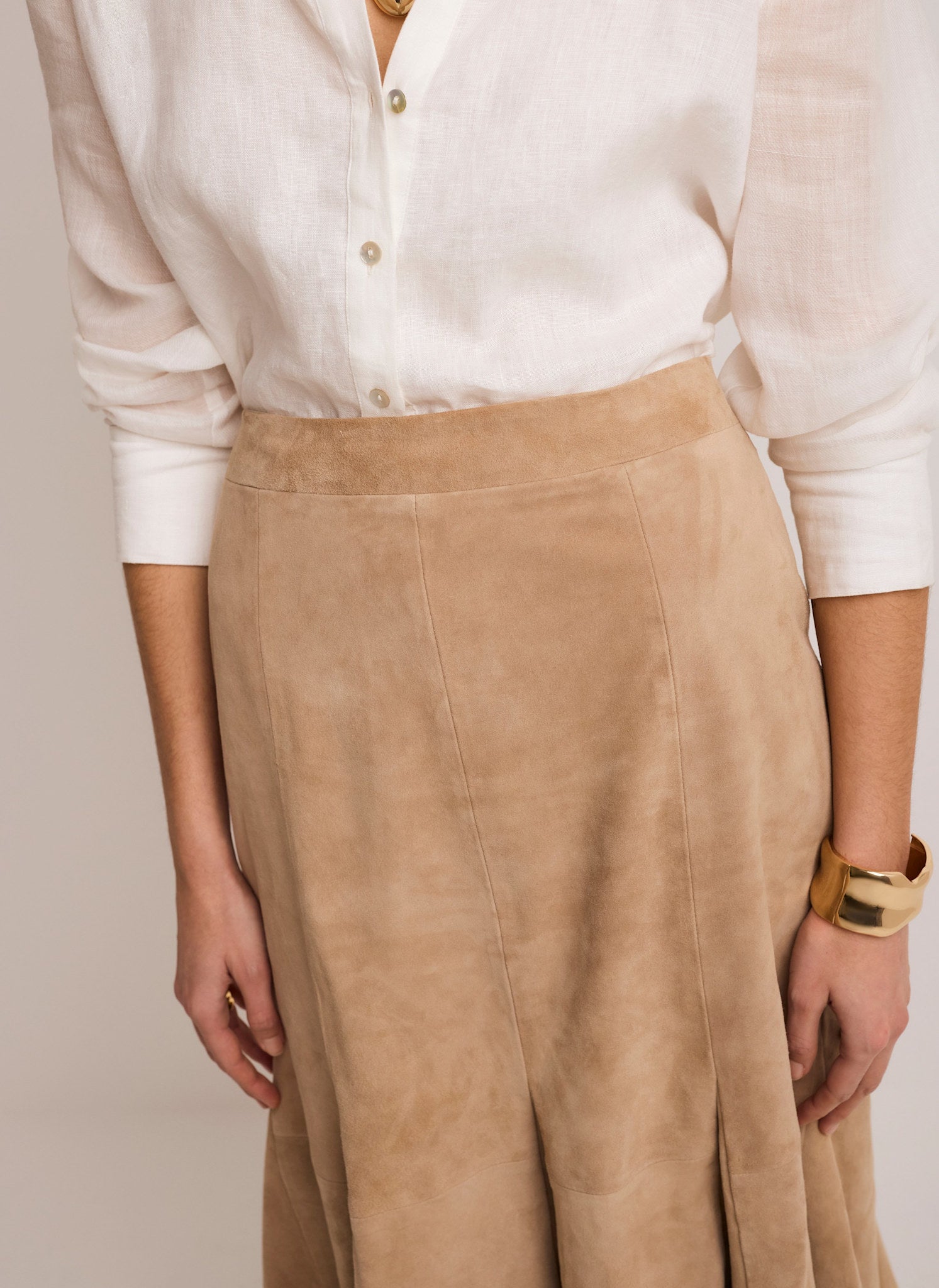 Neutral Suede Godet Midi Skirt