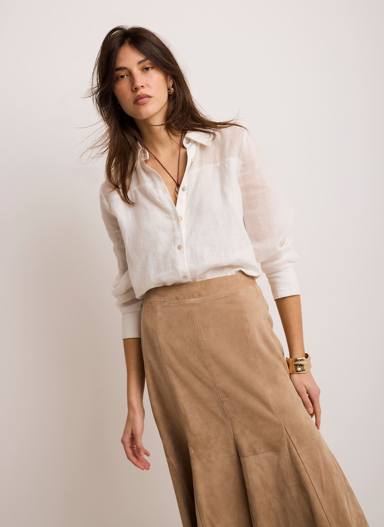 Neutral Suede Godet Midi Skirt