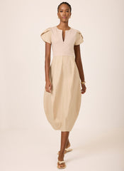 Neutral Cotton Blend Tulip Hem Midi Dress