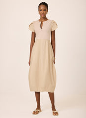 Neutral Cotton Blend Tulip Hem Midi Dress