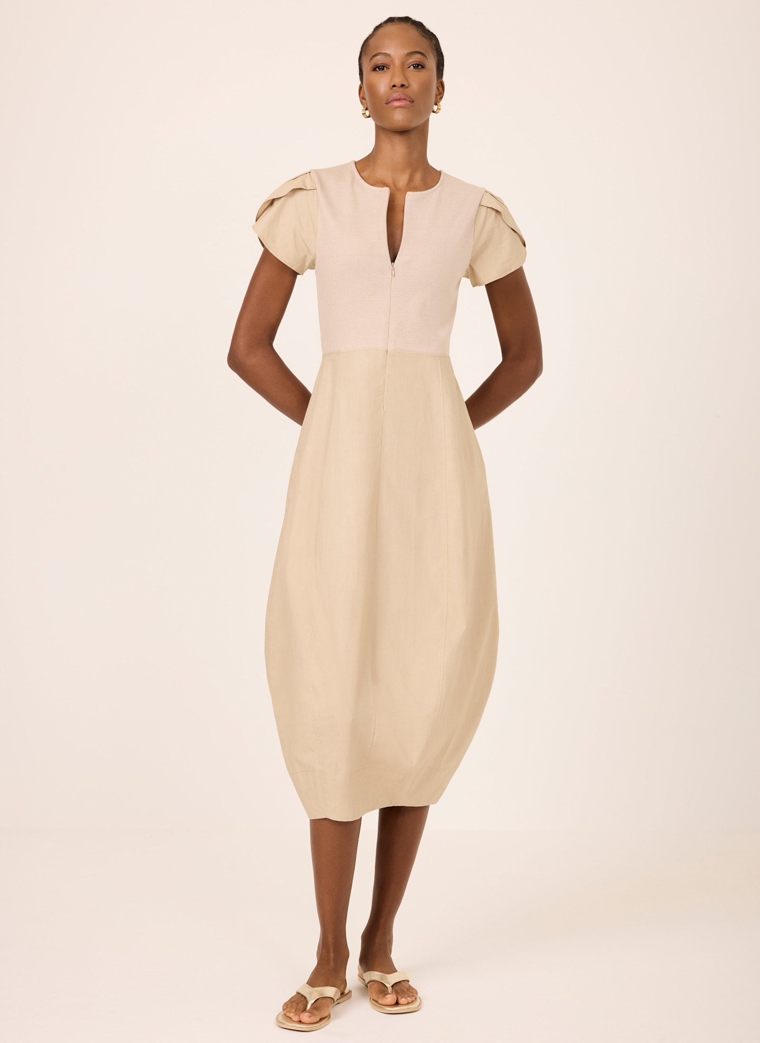 Neutral Cotton Blend Tulip Hem Midi Dress