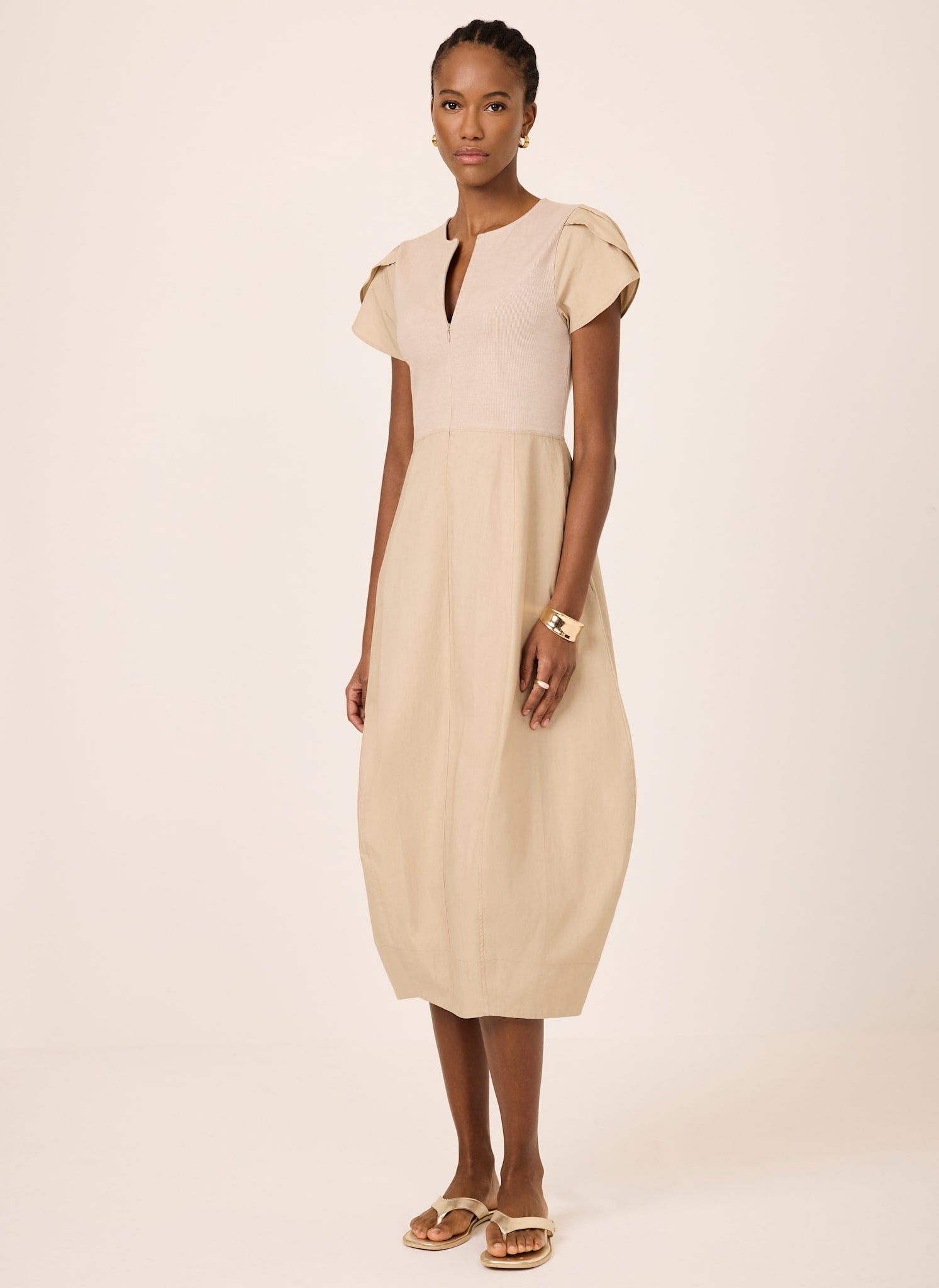 Neutral Cotton Blend Tulip Hem Midi Dress