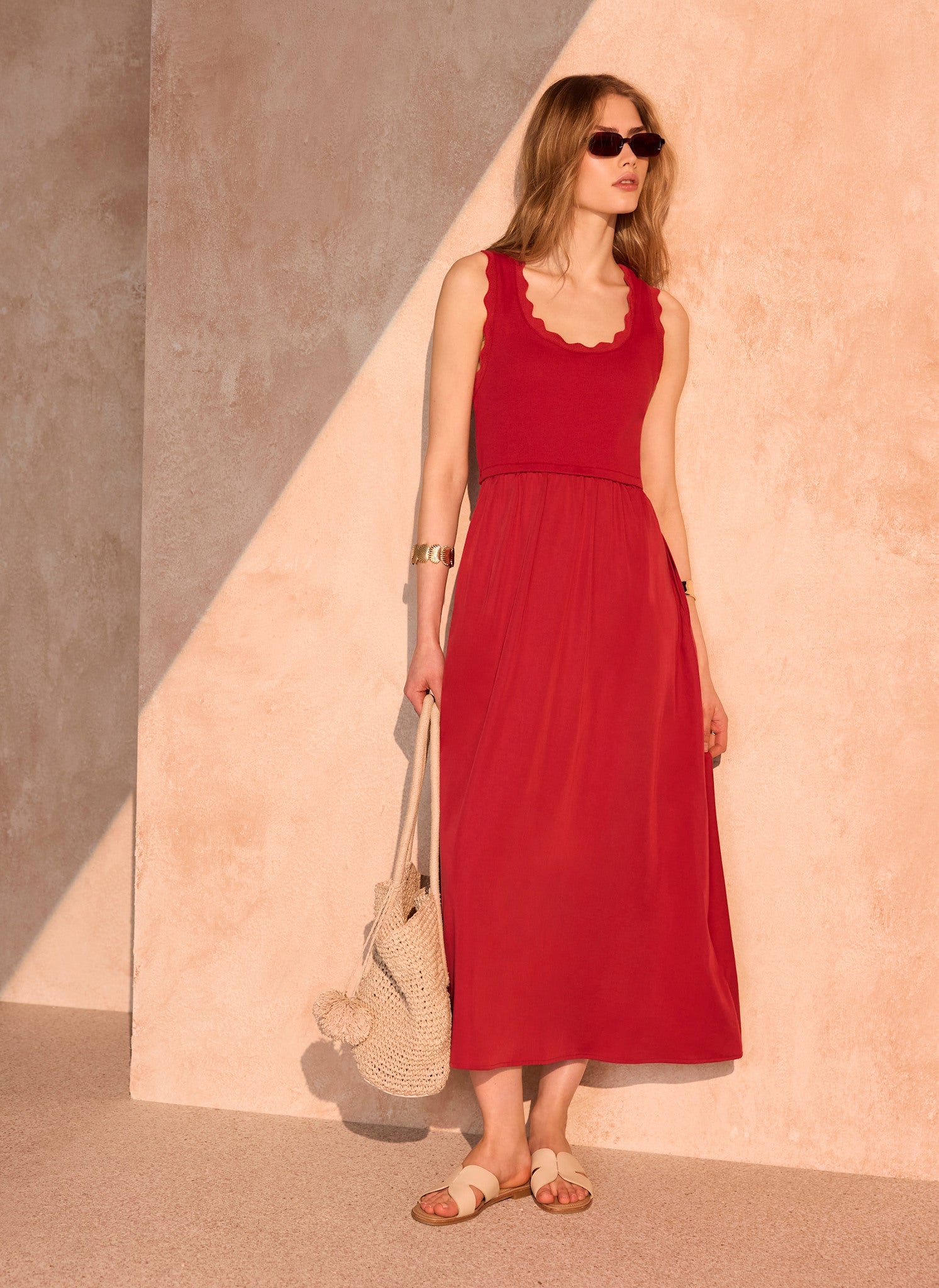 Red Scallop Trim Midi Dress