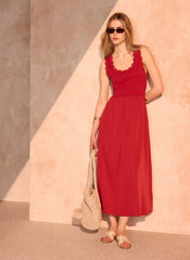 Red Scallop Trim Midi Dress