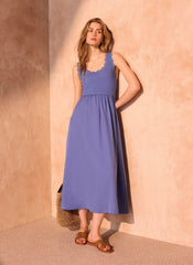 Blue Scallop Trim Midi Dress