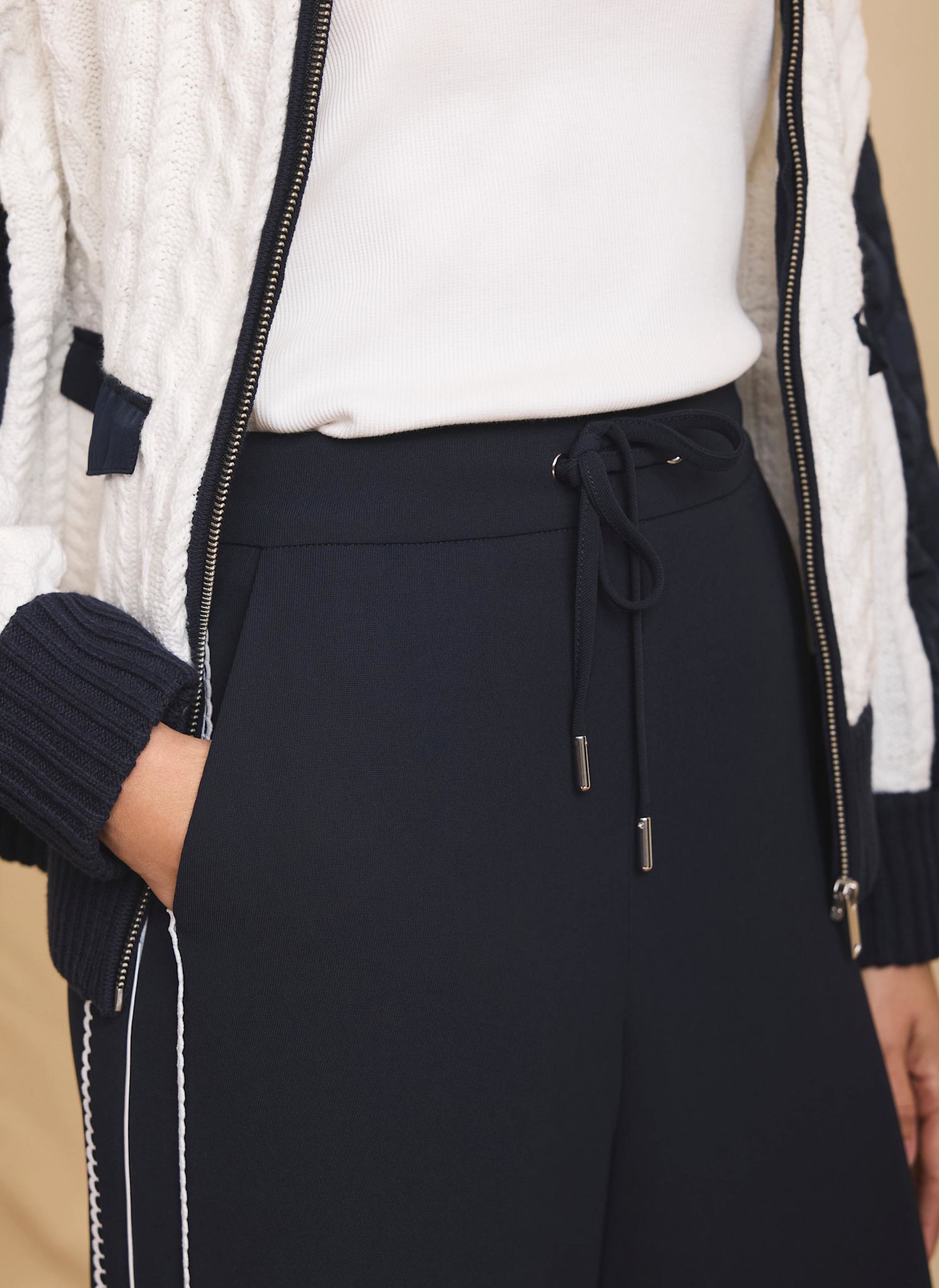 Navy Scallop Side Stripe Wide Trousers