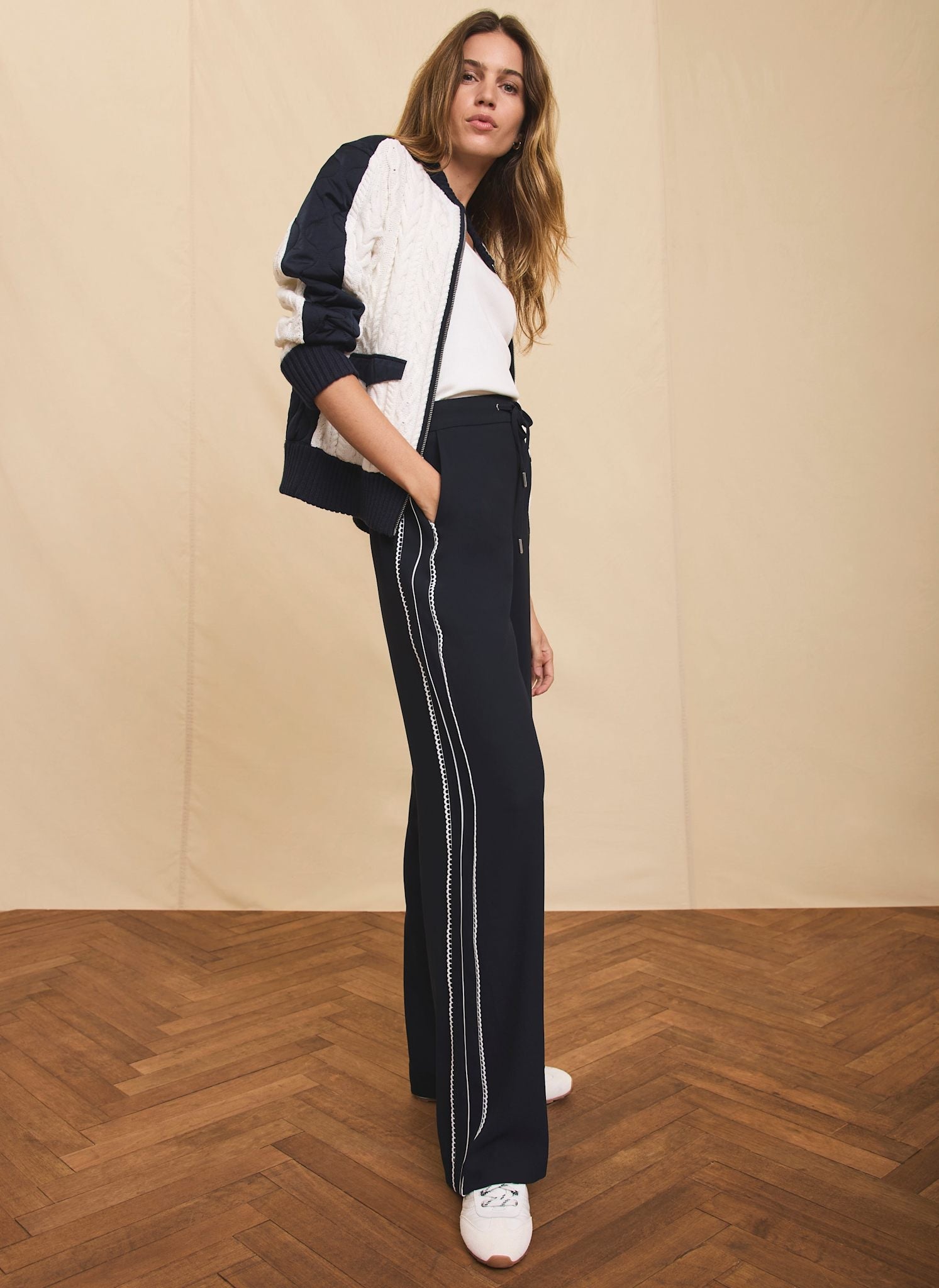 Navy Scallop Side Stripe Wide Trousers