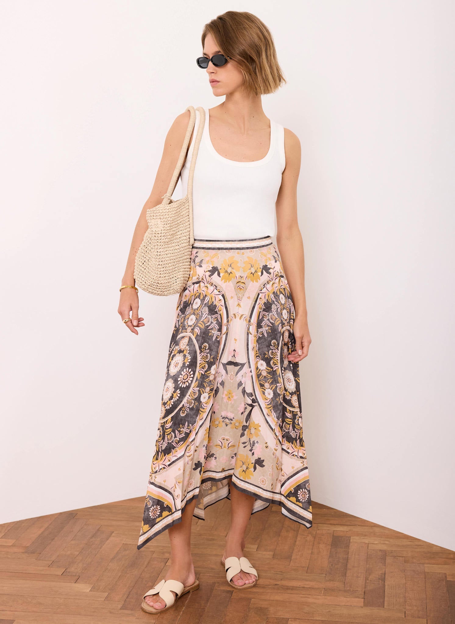 Black Floral Print Midi Skirt
