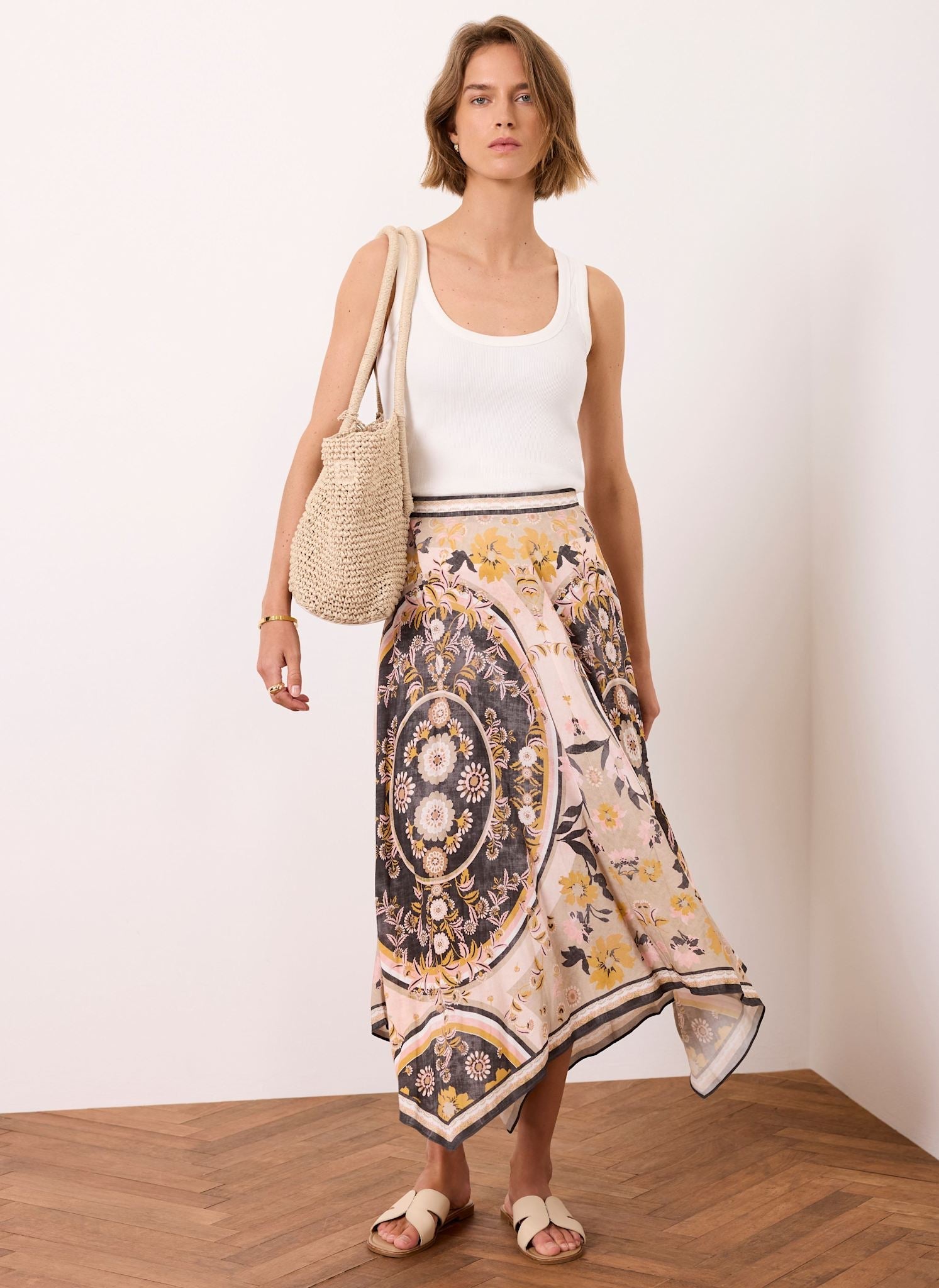 Black Floral Print Midi Skirt