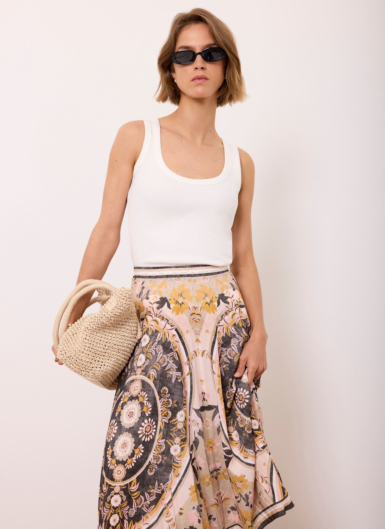Black Floral Print Midi Skirt
