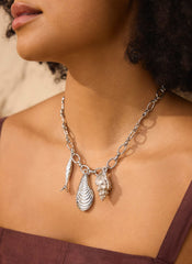Silver Tone Shell Statement Charm Necklace