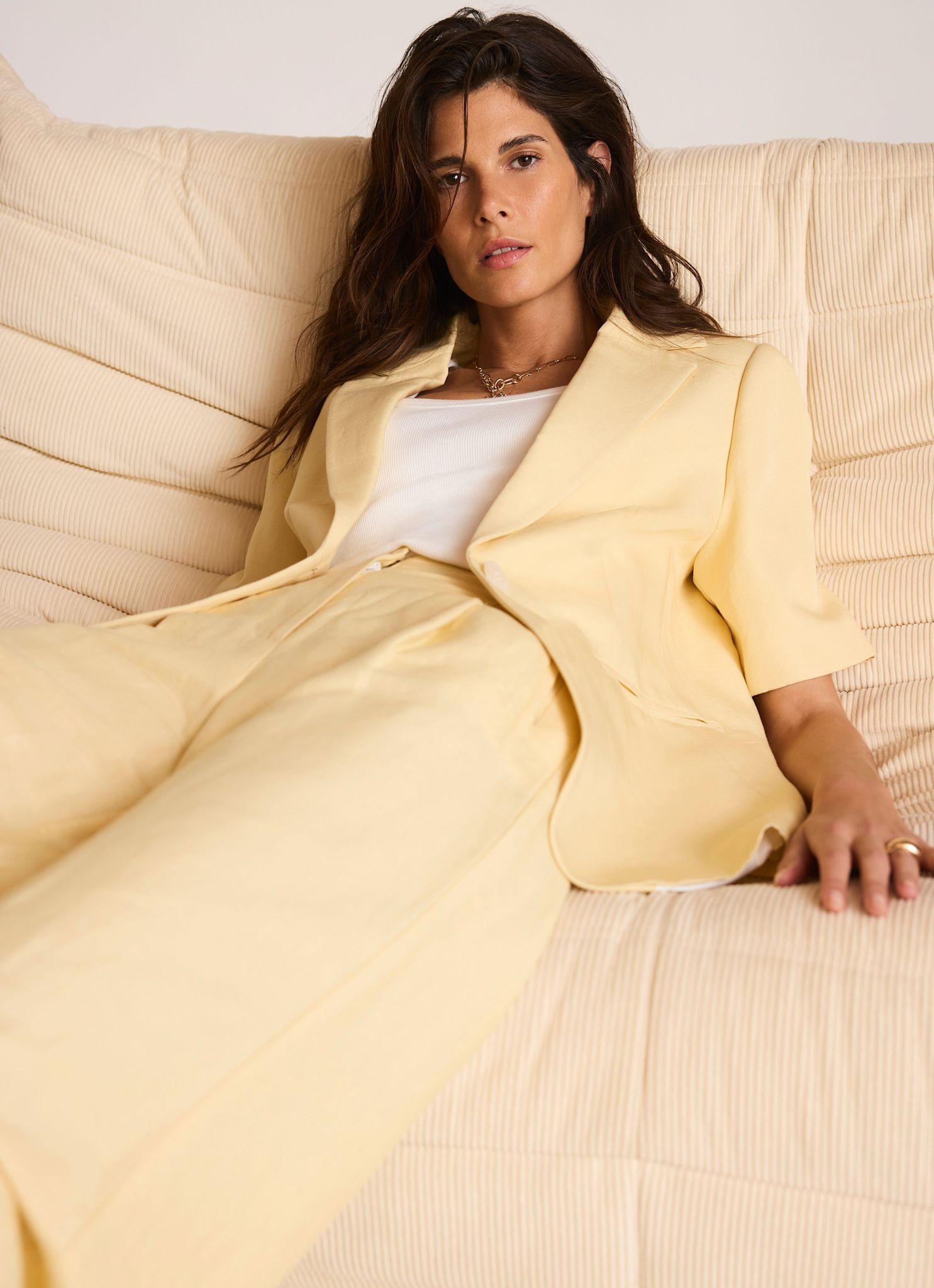 Yellow Linen Blend Short Sleeve Blazer