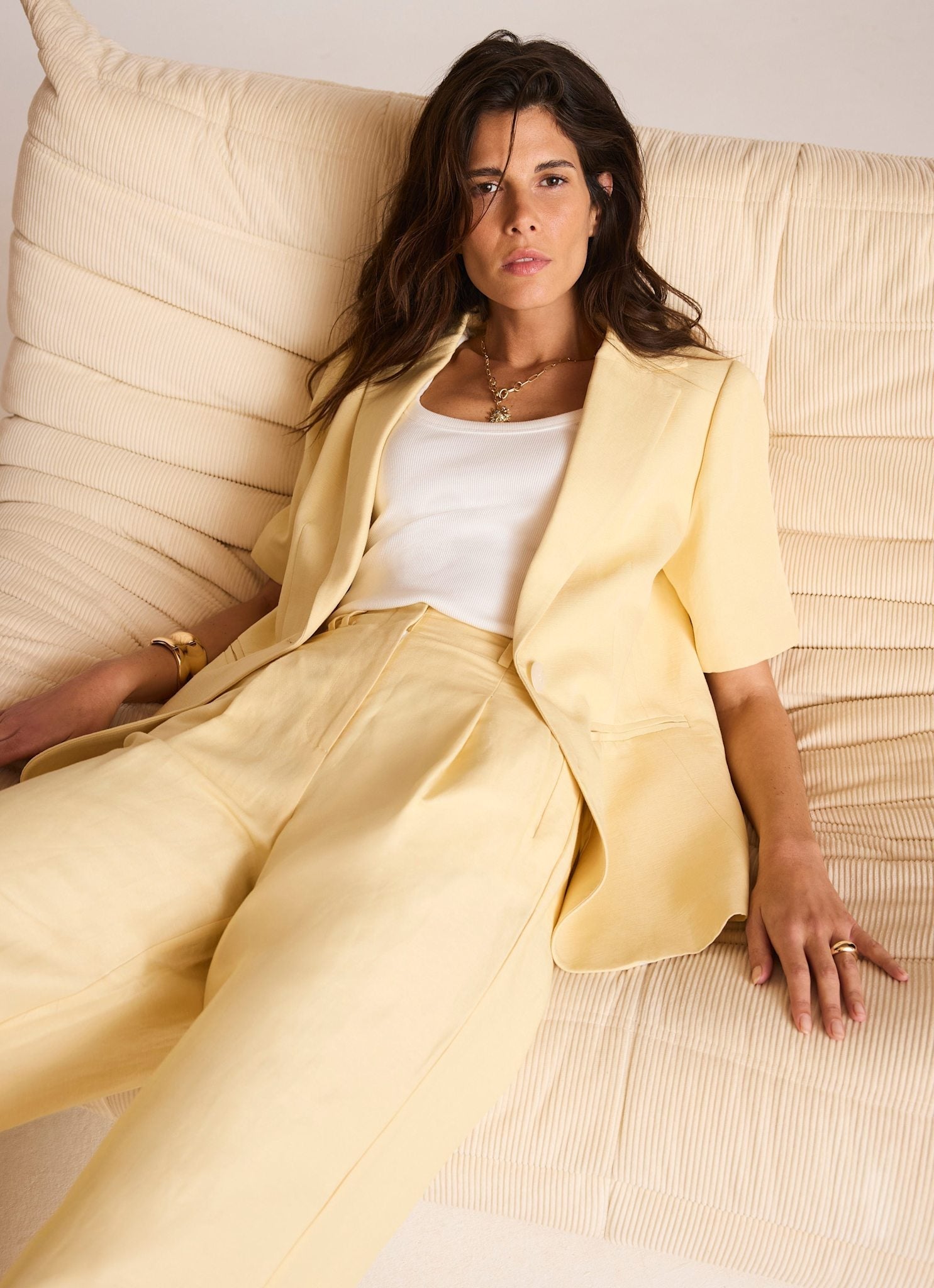 Yellow Linen Blend Short Sleeve Blazer