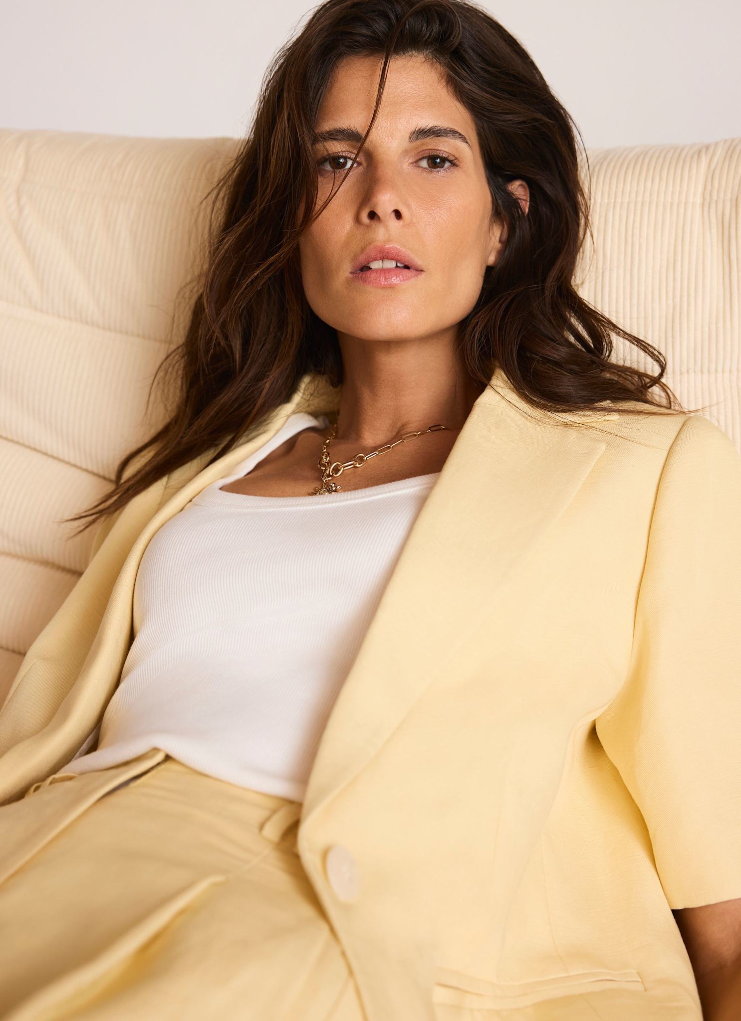 Yellow Linen Blend Short Sleeve Blazer