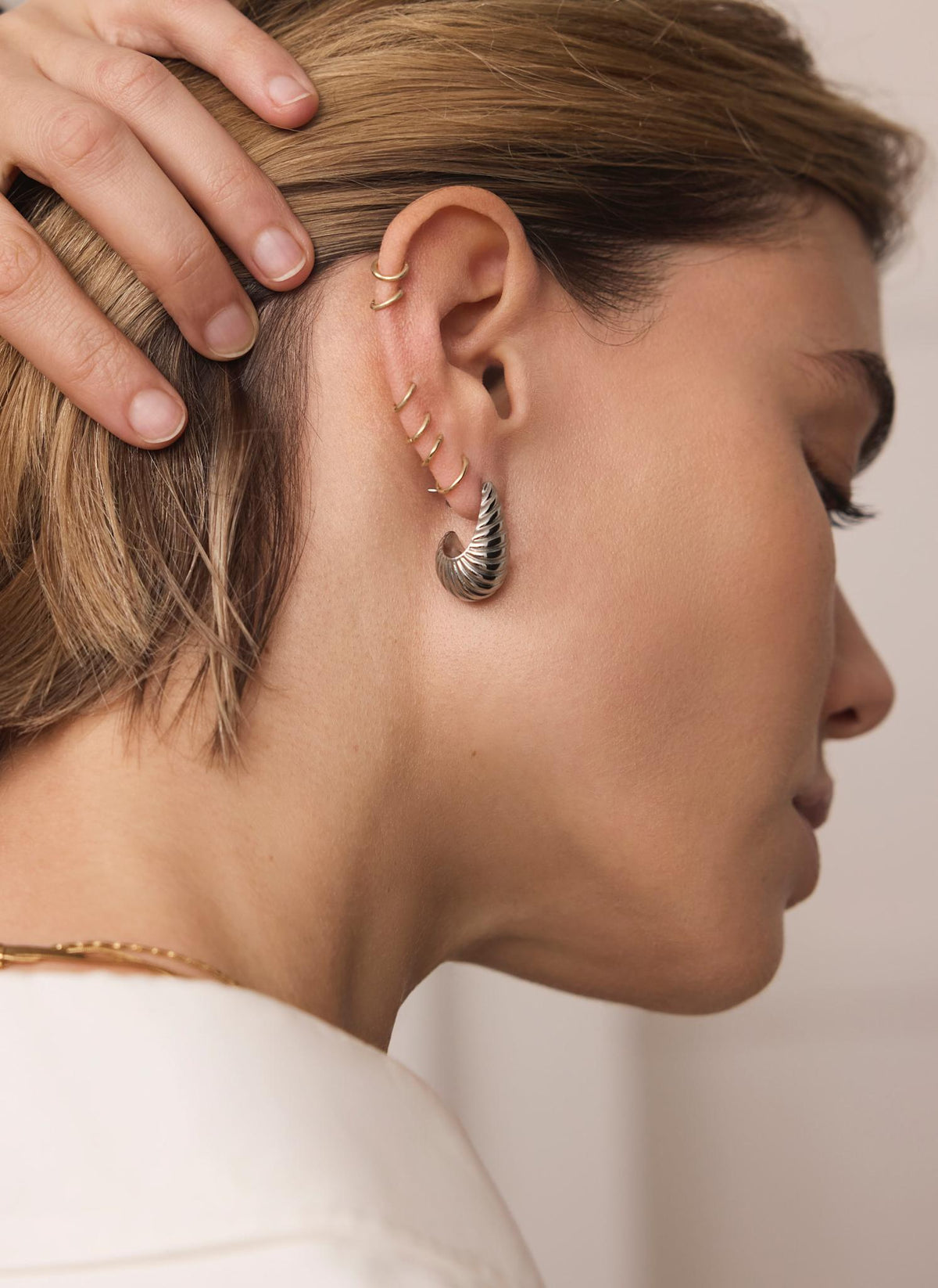 Silver Stainless Steel Ribbed Curve Earrings