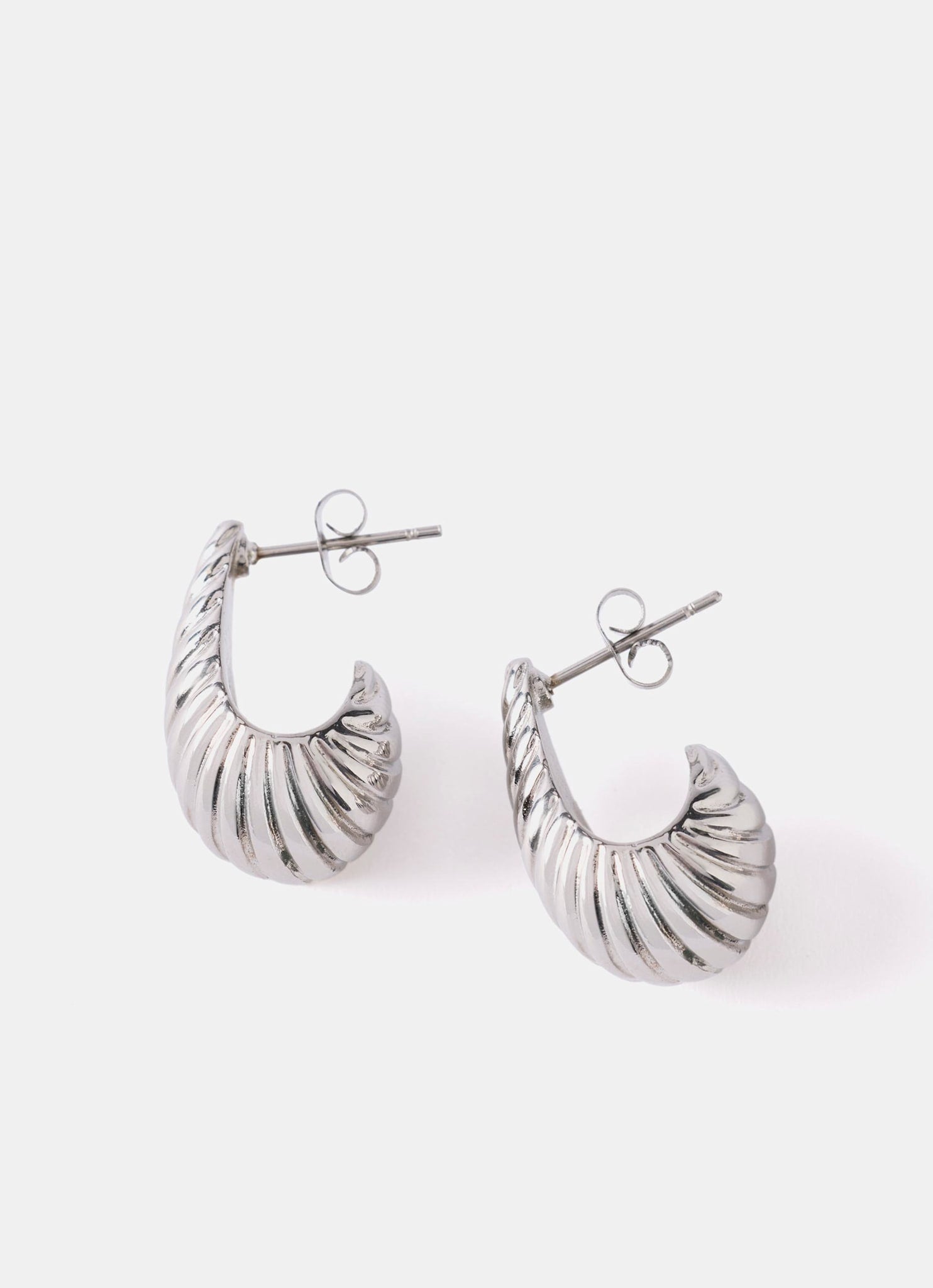 Silver Stainless Steel Ribbed Curve Earrings