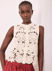 Neutral Cotton Blend Embellished Crochet Waistcoat