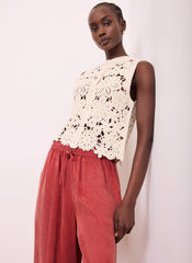 Neutral Cotton Blend Embellished Crochet Waistcoat