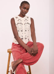 Neutral Cotton Blend Embellished Crochet Waistcoat
