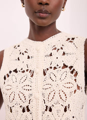 Neutral Cotton Blend Embellished Crochet Waistcoat