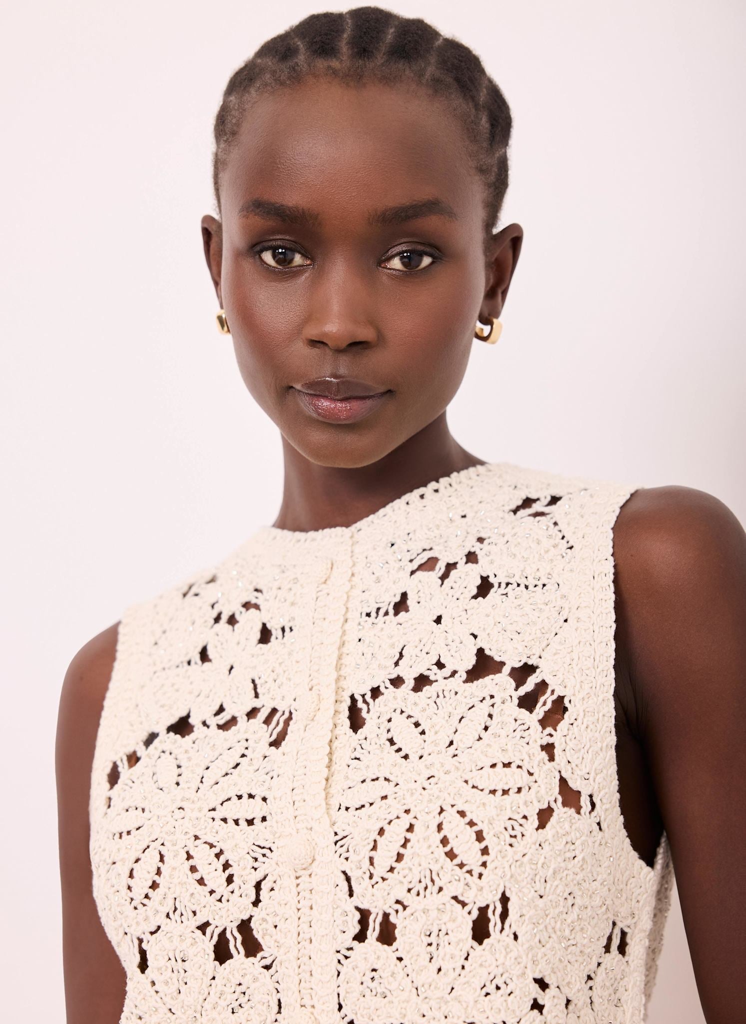 Neutral Cotton Blend Embellished Crochet Waistcoat