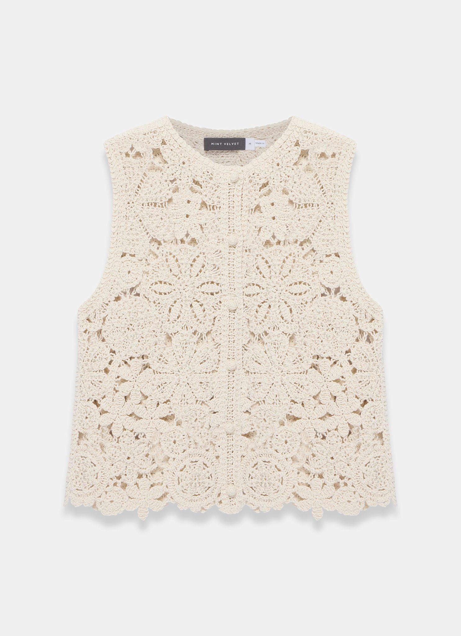 Neutral Cotton Blend Embellished Crochet Waistcoat