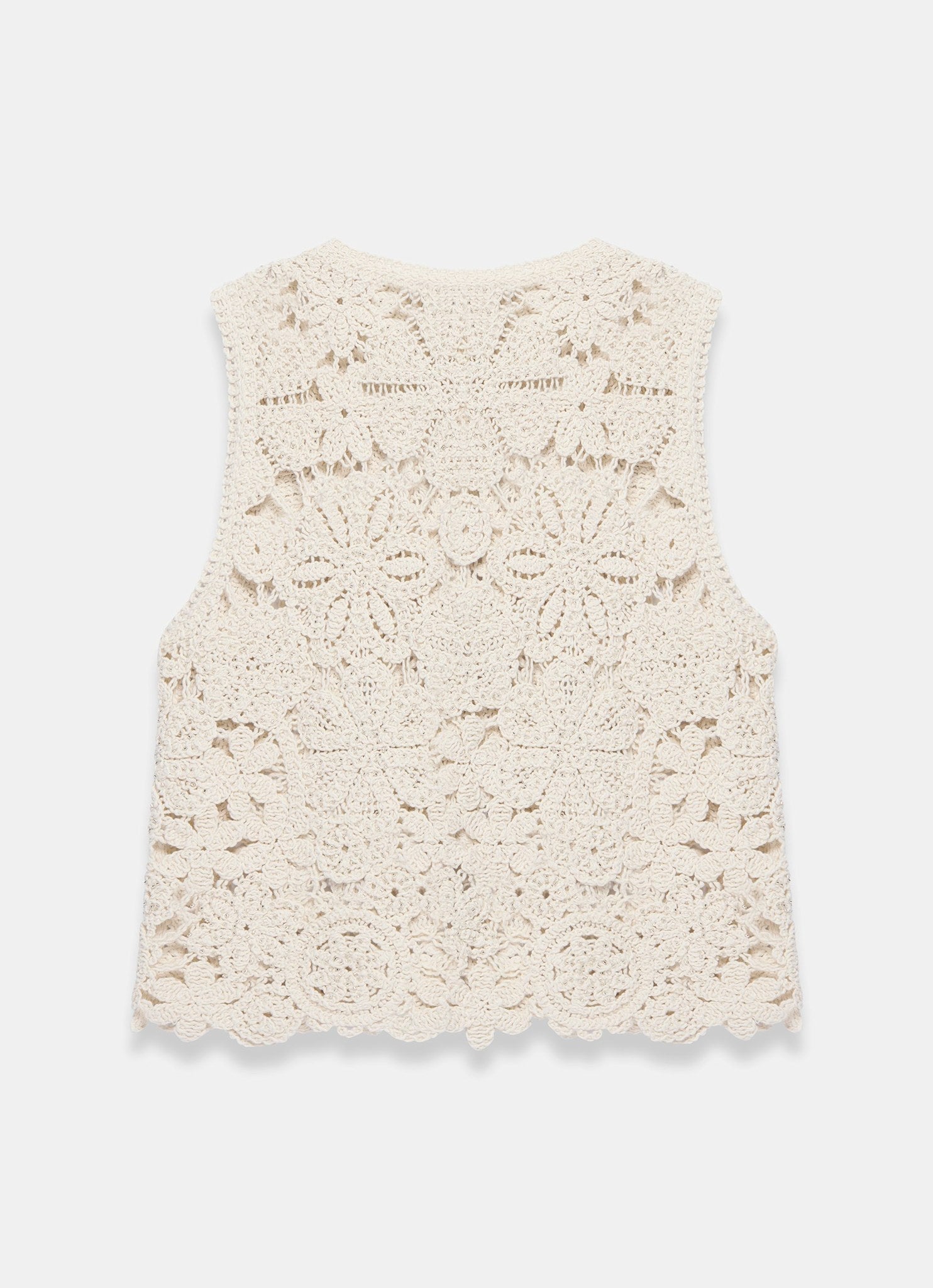 Neutral Cotton Blend Embellished Crochet Waistcoat