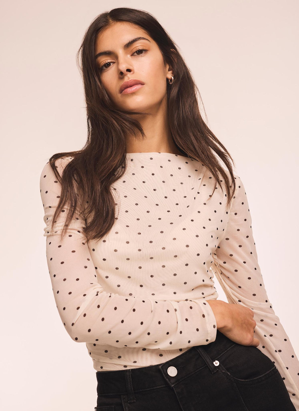Cream Polka Dot Print Mesh Top