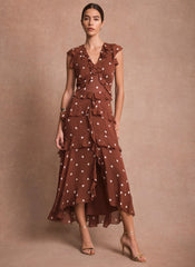 Brown Polka Dot Print Ruffle Midi Dress