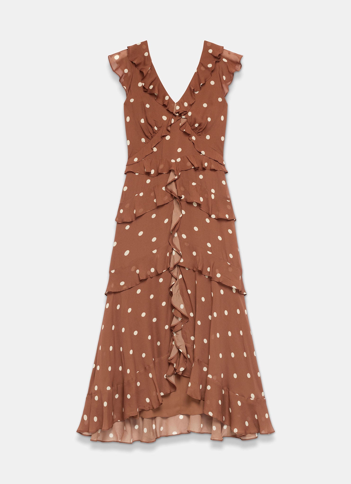 Brown Polka Dot Print Ruffle Midi Dress