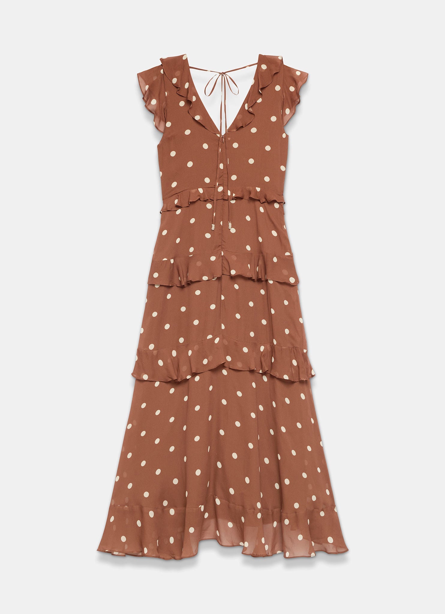 Brown Polka Dot Print Ruffle Midi Dress