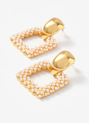 Gold Tone Statement Square Pearl Earrings