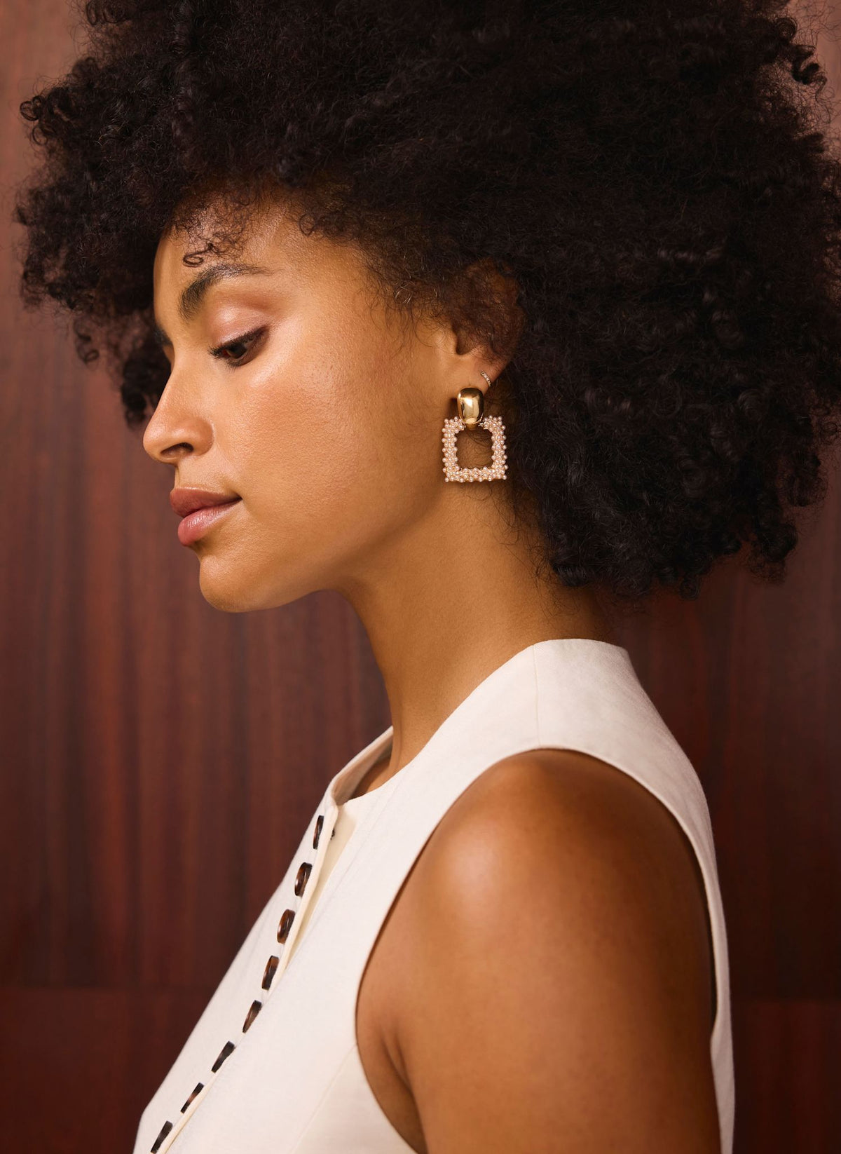 Gold Tone Statement Square Pearl Earrings