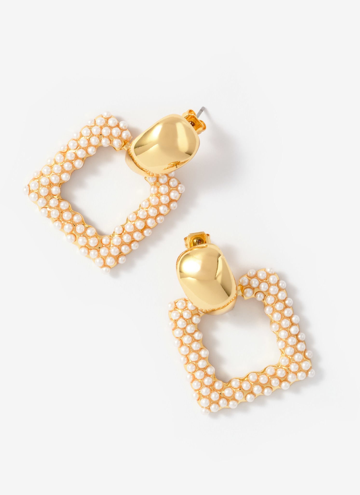 Gold Tone Statement Square Pearl Earrings