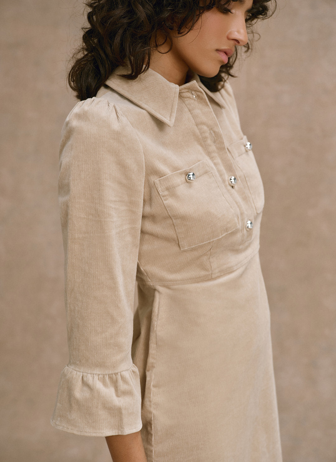 Neutral Corduroy Midi Dress