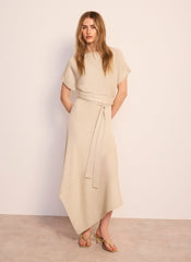 Neutral Metallic Asymmetric Knit Midi Dress