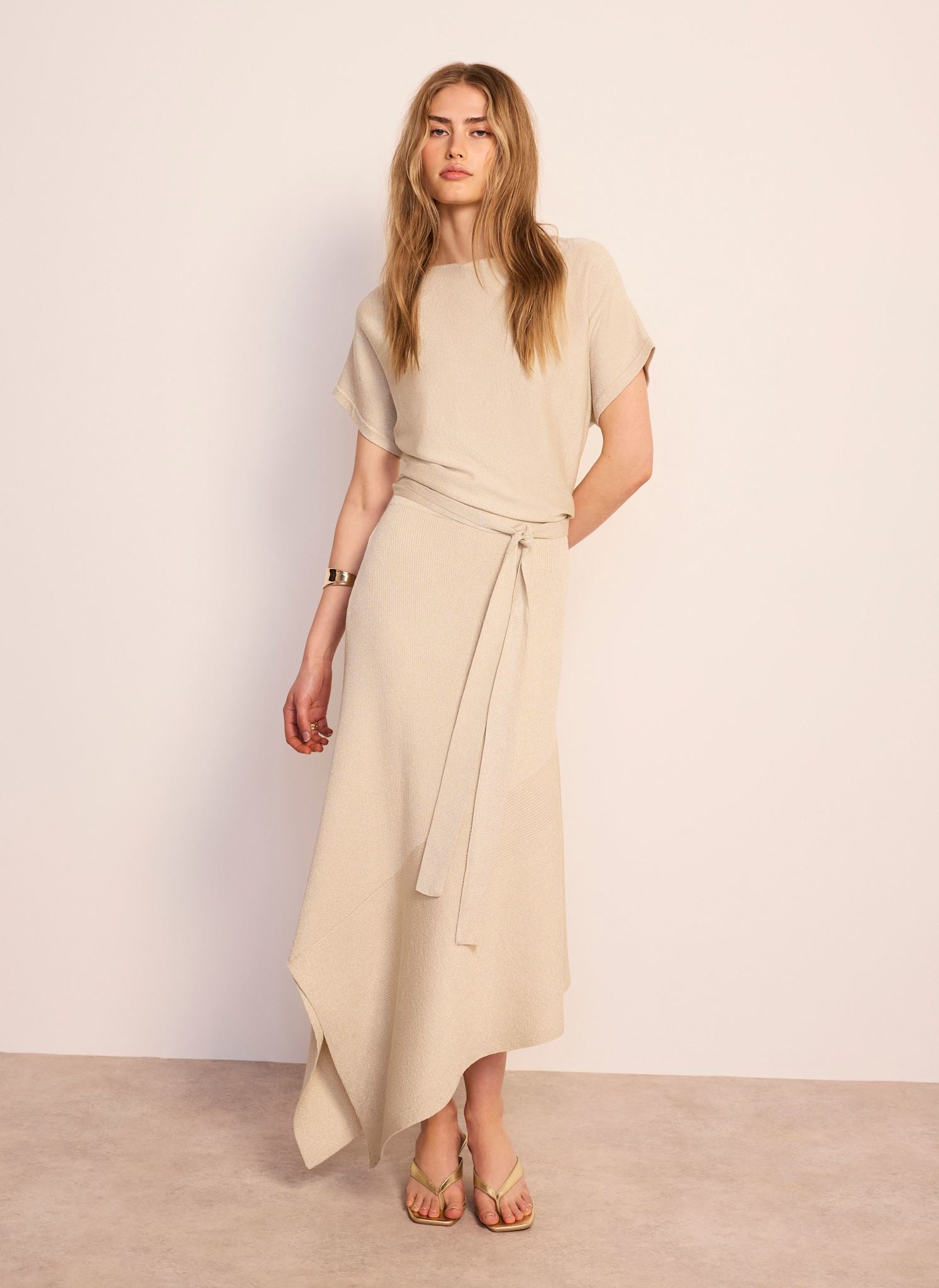 Neutral Metallic Asymmetric Knit Midi Dress