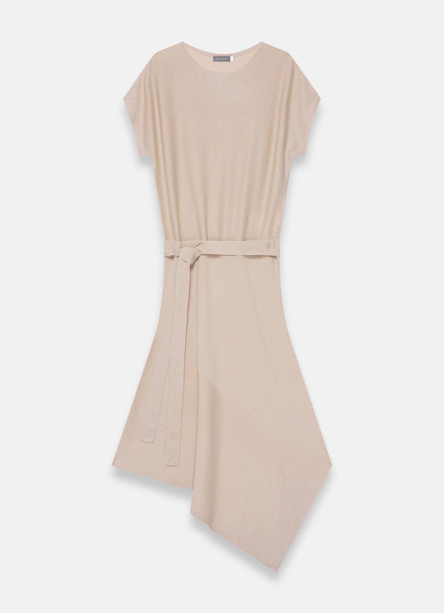 Neutral Metallic Asymmetric Knit Midi Dress