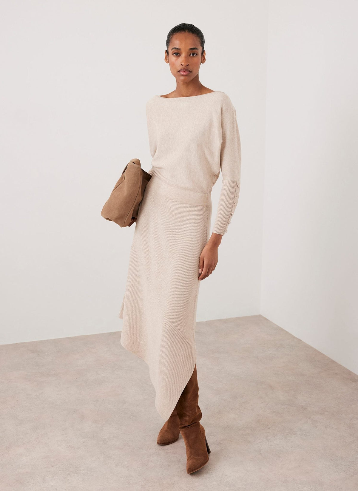 Neutral Batwing Asymmetric Knit Maxi Dress