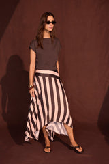 Pink & Brown Satin Striped Midi Skirt