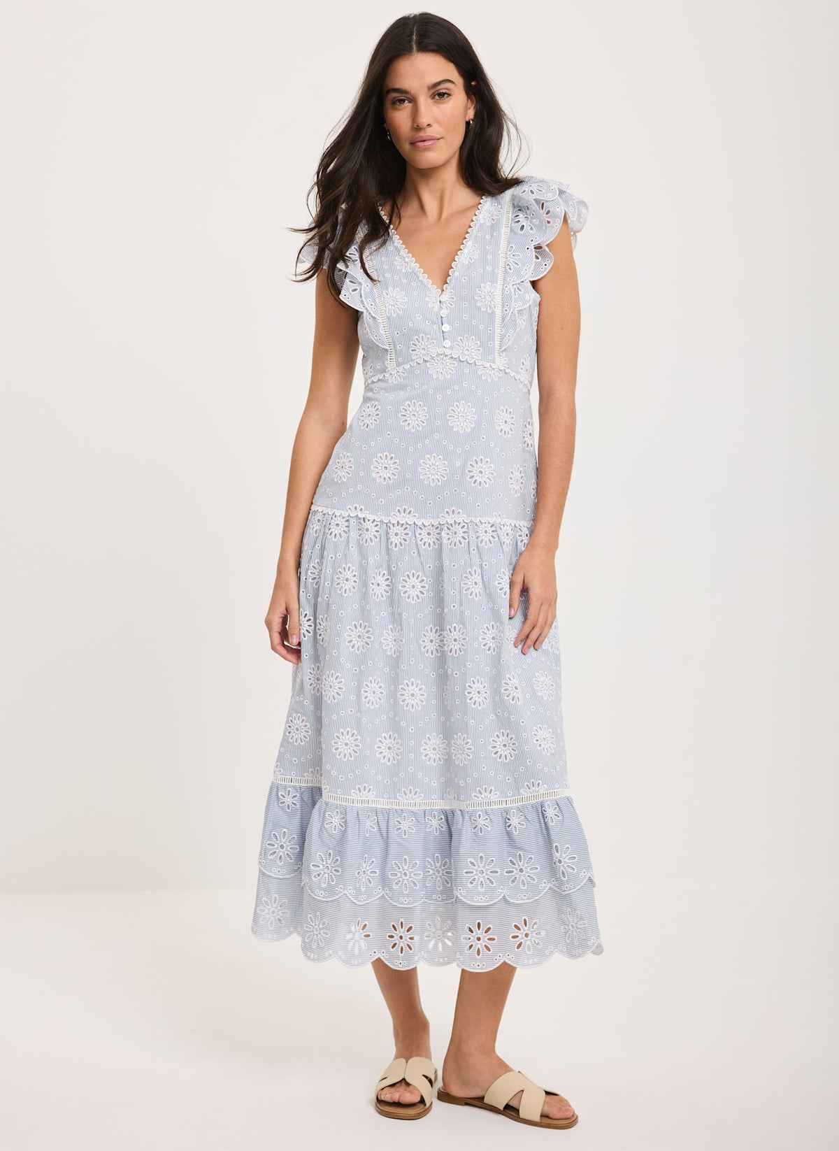 Blue Striped Cotton Broderie Midi Dress