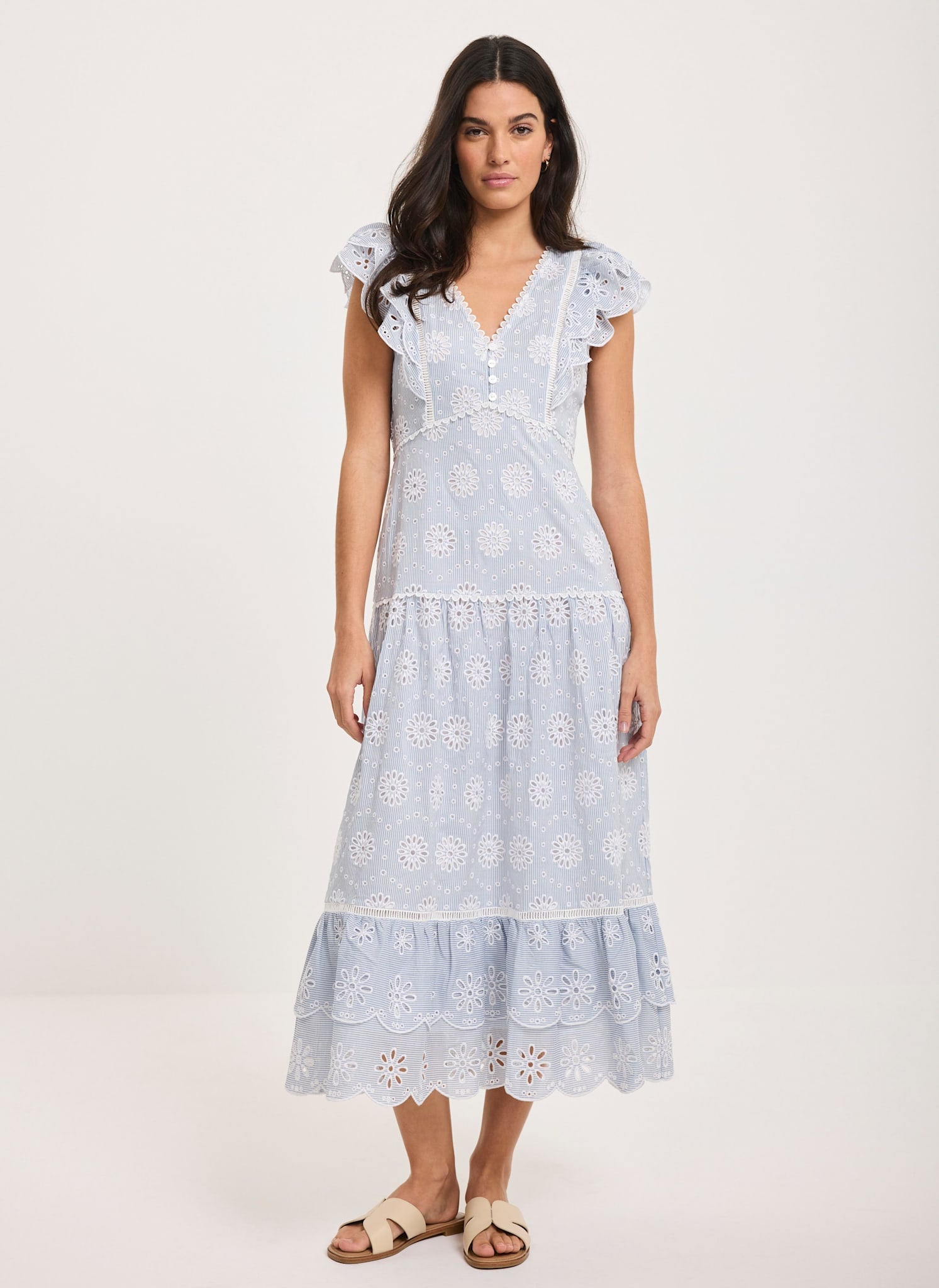 Blue Striped Cotton Broderie Midi Dress